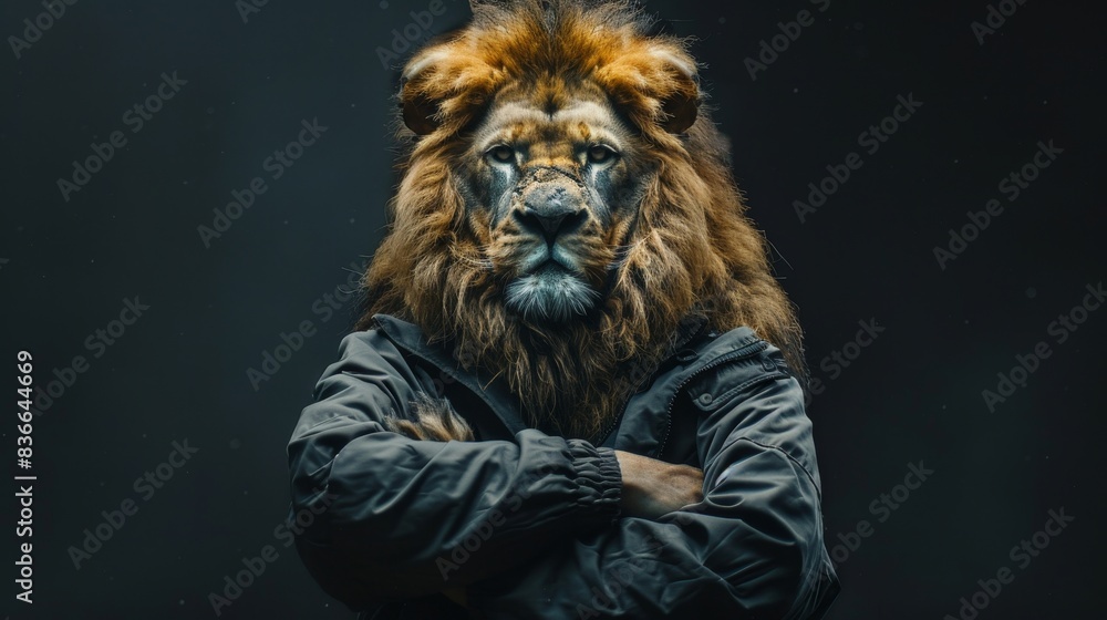 A majestic lion with a serious expression, wearing a black jacket with arms crossed. The image conveys strength, power, and determination. A majestic lion with a serious expression, wearing a black jacket with arms crossed. The image conveys strength, power, and determination.
