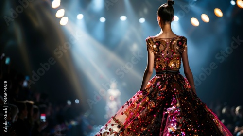 A woman walking down a runway in a colorful dress