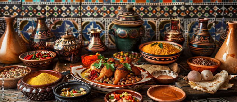 Fototapeta premium A table with a variety of food and dishes, including a plate of chicken