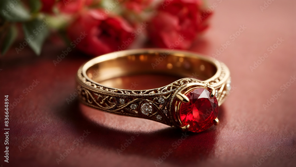 A stunning ring design adorned with a bright red gemstone A stunning ring design adorned with a bright red gemstone