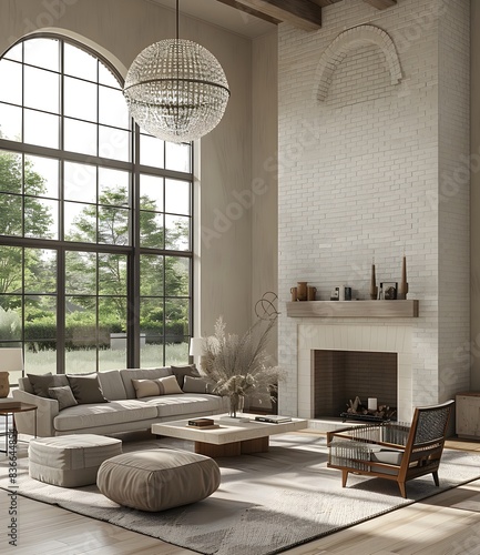 A beautiful living room in an upperclass home with high ceilings, a white brick fireplace and double height windows