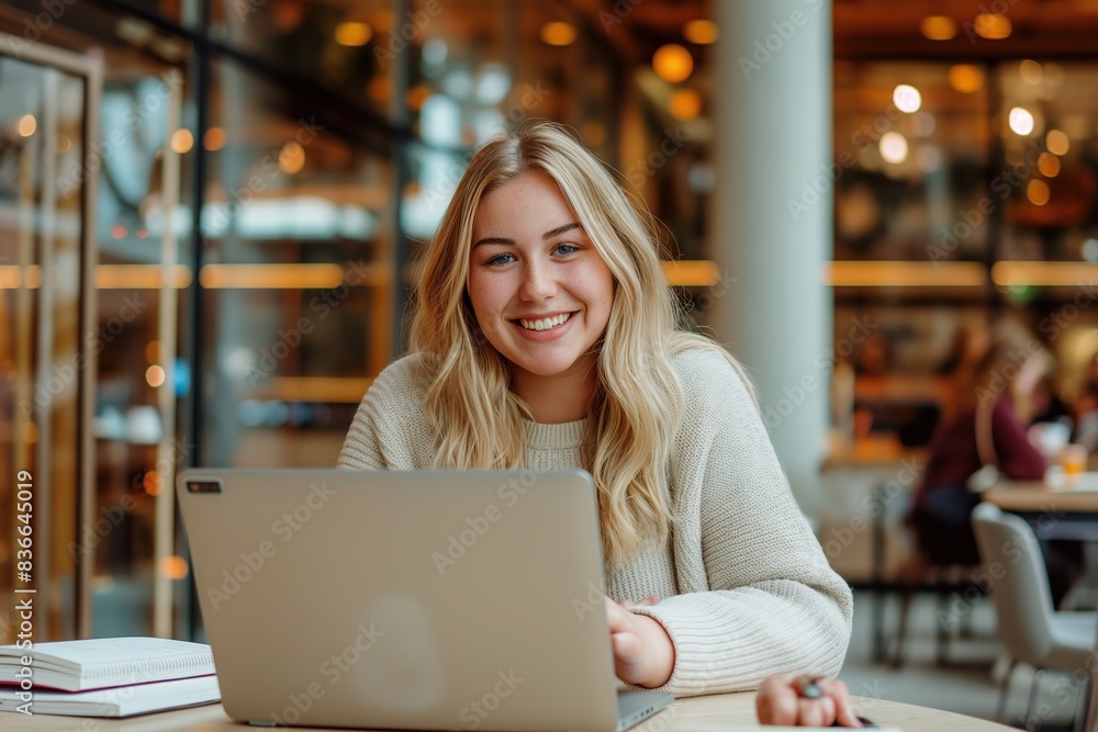 Young smiling blonde woman in a sweater writing notes in a notebook while sitting at a table Young smiling blonde woman in a sweater writing notes in a notebook while sitting at a table