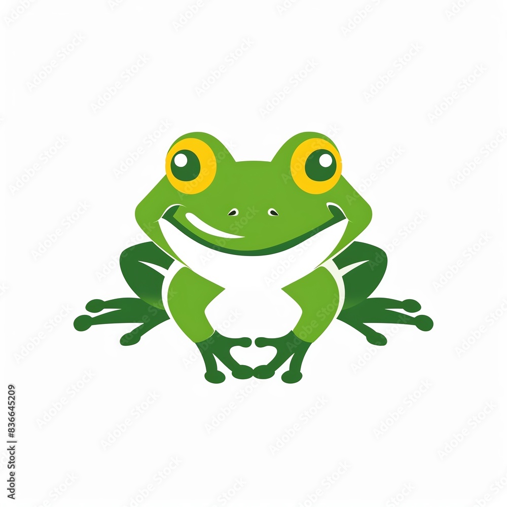 Fototapeta premium Cute green frog cartoon character with big eyes and a wide smile.