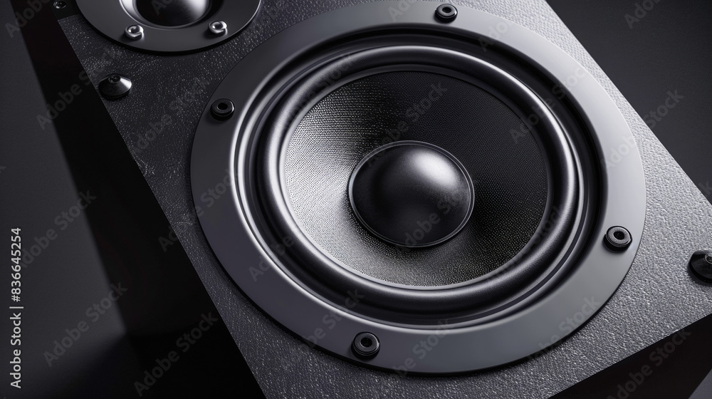 A black subwoofer speaker on a black background A black subwoofer speaker on a black background