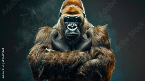 A powerful gorilla stands with arms crossed, surrounded by smoke, creating an intense and dramatic scene.