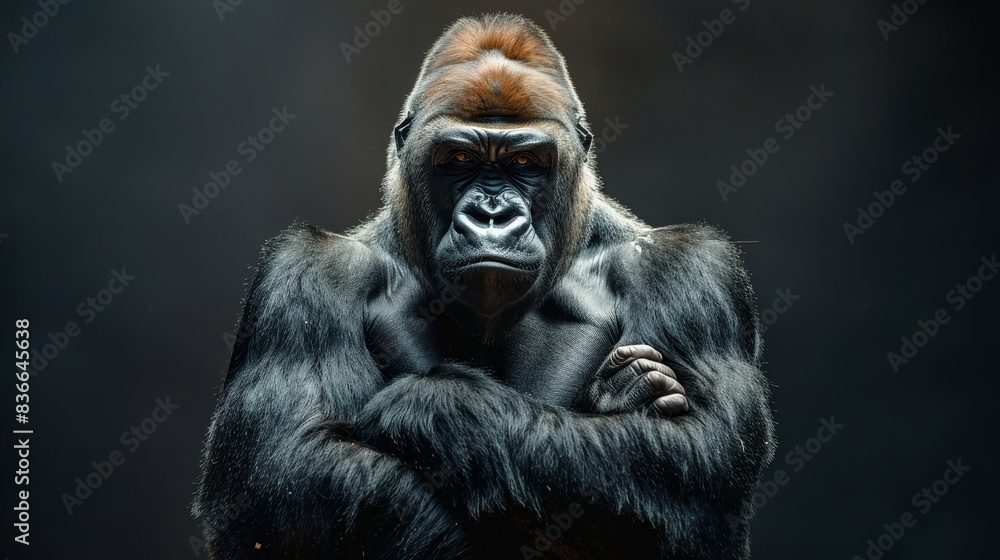Obraz premium A powerful silverback gorilla with crossed arms stares intensely at the camera. Its dark, furrowed brow and powerful physique evoke a sense of strength and dominance.