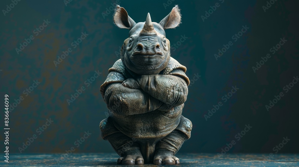 Obraz premium A rhinoceros with crossed arms, looking straight ahead, against a dark blue background. The rhinoceros appears to be wearing a jacket.