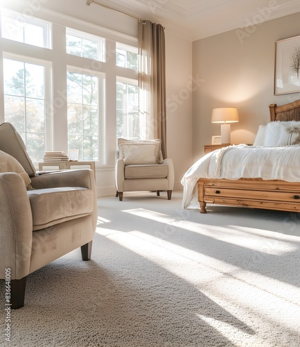 A bright and airy bedroom with light-colored, plush carpeting underfoot