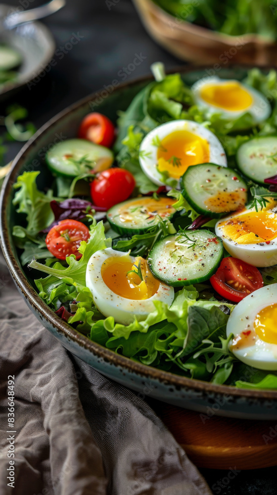 A bowl of salad with eggs and cucumbers A bowl of salad with eggs and cucumbers