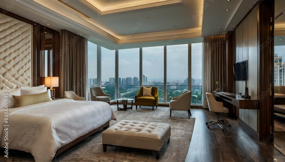 Fototapeta premium Luxury bedroom suite in resort high rise hotel with working table