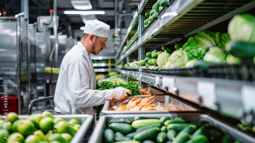 A man skillfully prepares fresh vegetables in the bustling aisles of a hypermarket A man skillfully prepares fresh vegetables in the bustling aisles of a hypermarket