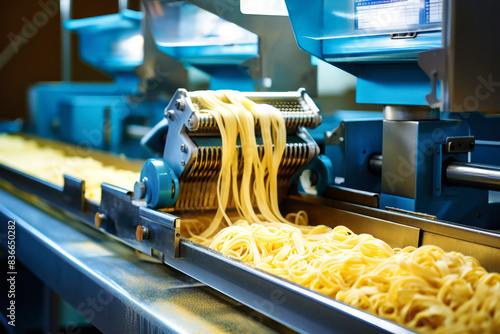 Pasta noodles are being expertly crafted by a machine in a bustling factory  as flour and water transform into delicious culinary treasures