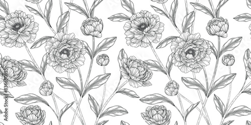Peony floral pattern black and white illustration