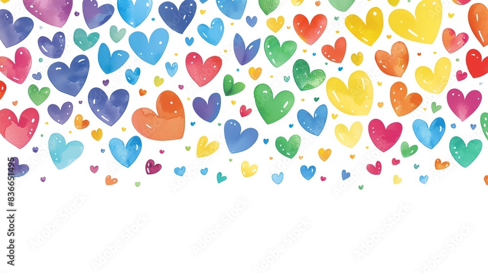 Patterned border with different sized rainbow hearts