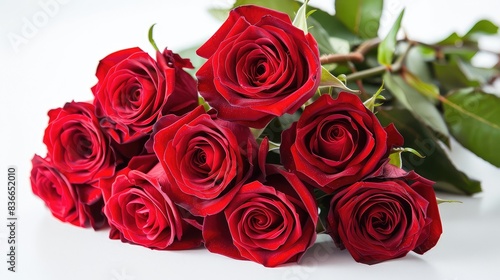 A close-up of a bouquet of red roses  their vibrant color and delicate petals captured in exquisite detail  against a backdrop of soft  diffused light.  