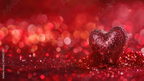 red heart on a red background with heart-shaped highlights. beautiful holiday background  background for cards  congratulations on Valentine s Day  wedding day Valentine s day concept. Glitter red he 