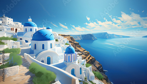 A digital art of Santorini’s blue domes overlooking the Aegean Sea © homydesign