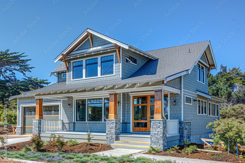 Charming Craftsman Style New Construction Light Gray House Highlighting Clean Lines and Open Spaces in a Coastal Bluff Setting Charming Craftsman Style New Construction Light Gray House Highlighting Clean Lines and Open Spaces in a Coastal Bluff Setting
