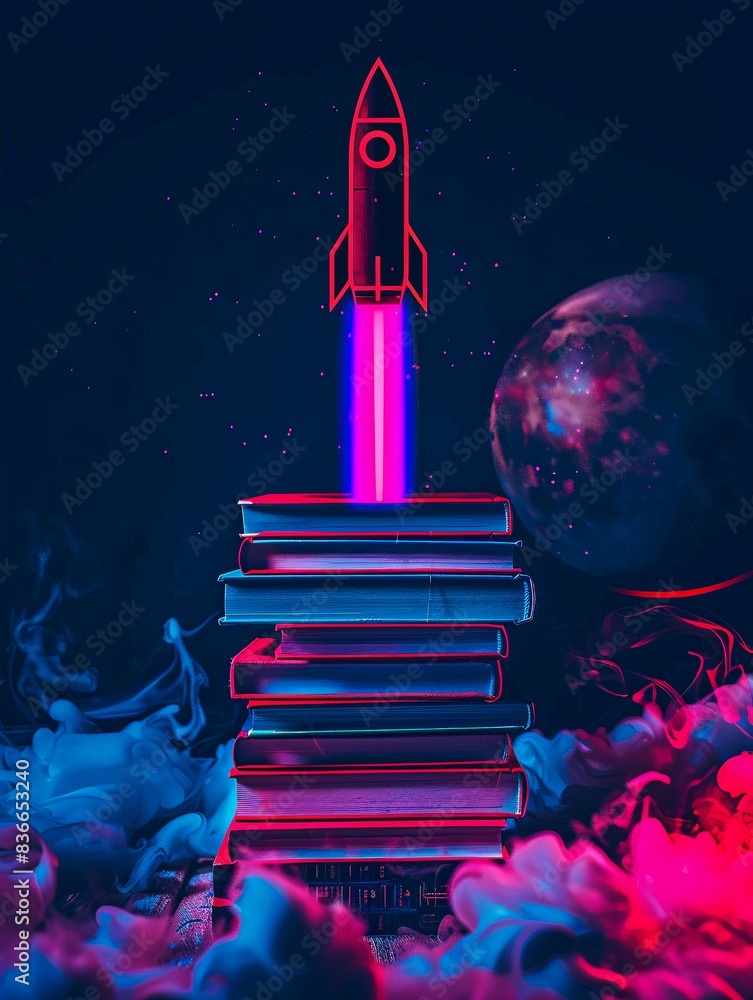 Naklejka premium Illustration of a textbook stack with a rocket ascending from the top book, representing academic achievement and aspiration