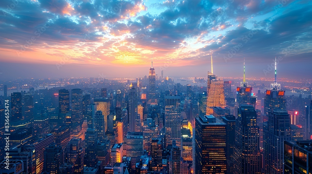 Fototapeta premium A panoramic view of a bustling city skyline at night with skyscrapers illuminated by thousands of lights, creating a vibrant urban landscape. Minimal and Simple,