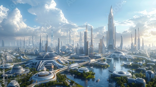A futuristic cityscape with towering skyscrapers and advanced transportation systems  illustrating a vision of modern urban development. Minimal and Simple 