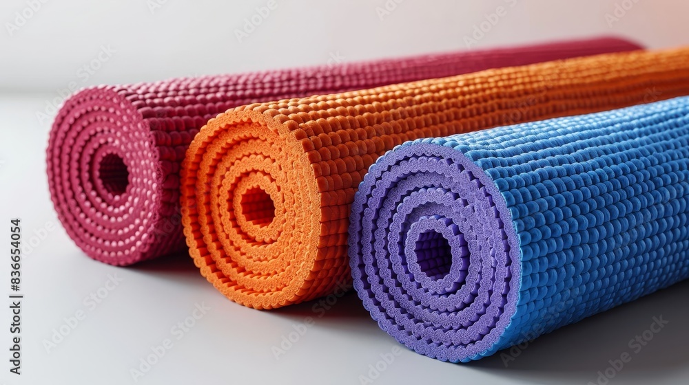 Three rolled up yoga mats in pink, orange and blue, on white background. Three rolled up yoga mats in pink, orange and blue, on white background.