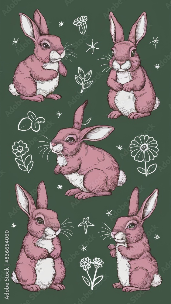 Fototapeta premium 5 Cute fancy doodle rabbits in different poses, illustration.