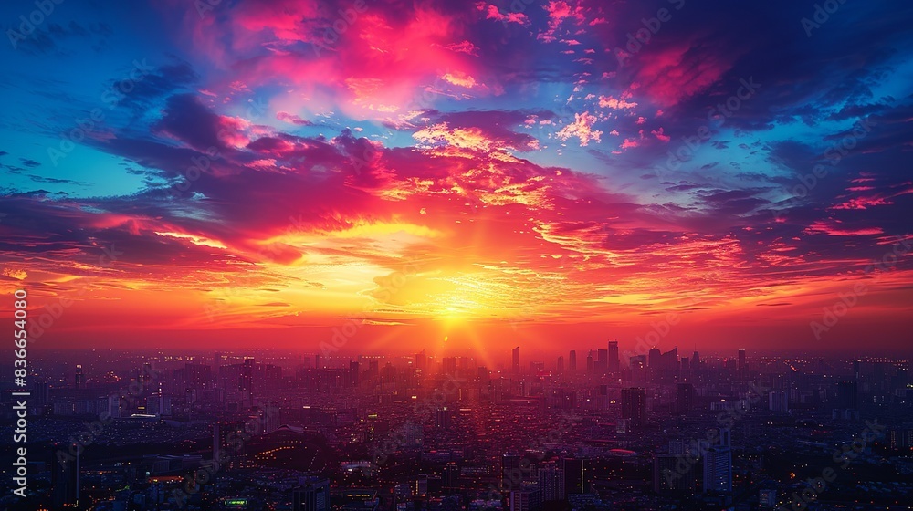 A panoramic view of a city at sunset with the sky painted in vibrant colors and the skyline silhouetted against it. Minimal and Simple,