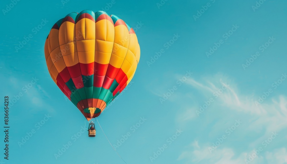 Obraz premium Chasing Rainbows: A Colorful Hot Air Balloon Soaring in a Clear Blue Sky