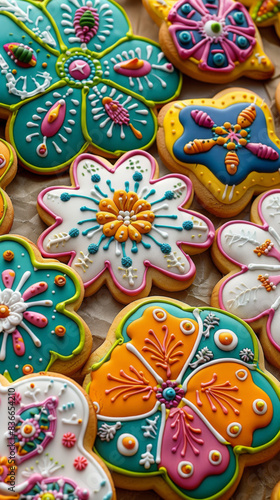 A colorful assortment of cookies with flowers and butterflies on them