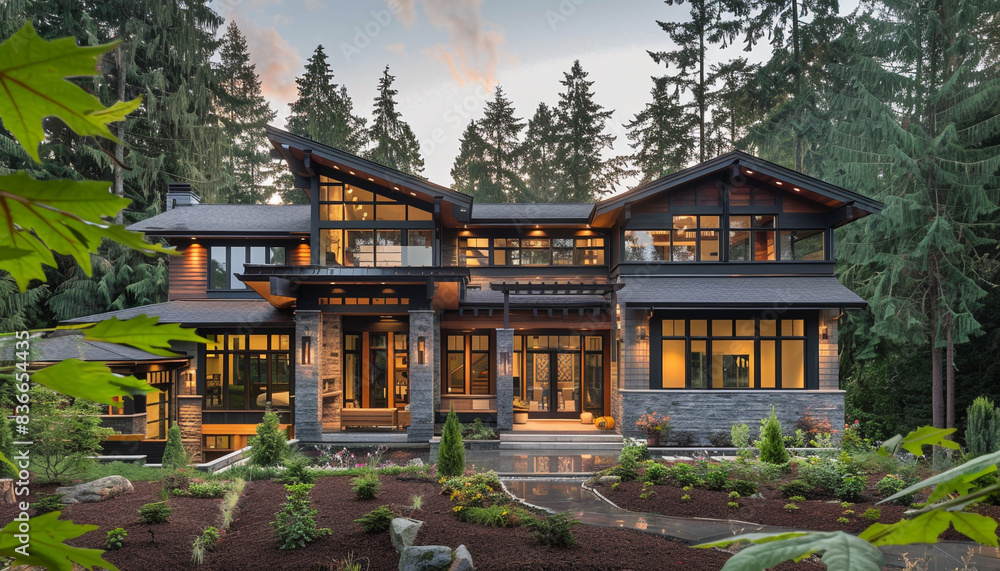Elegant Craftsman Style New Construction Periwinkle House Highlighting Contemporary Architecture in a Serene Forest Area