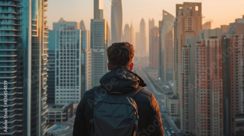 A man wearing a black jacket and a backpack stands on a rooftop  looking down at the modern luxury of city below. success concept