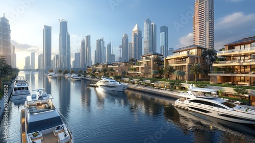 A panoramic view of a city's waterfront with yachts, boats, and modern high-rise buildings lining the shore, highlighting urban luxury and leisure. Minimal and Simple, photo