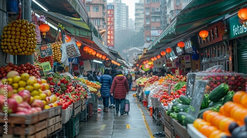 A bustling urban market with colorful stalls, busy shoppers, and a lively atmosphere, illustrating the vibrancy and diversity of city life. Minimal and Simple,