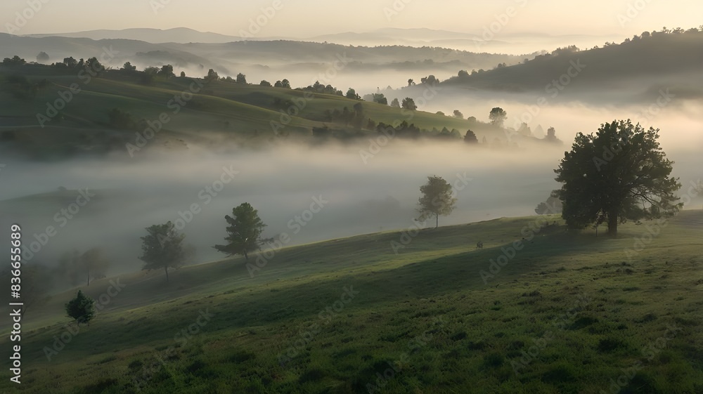 A foggy morning in a quiet countryside with rolling hills and scattered trees A foggy morning in a quiet countryside with rolling hills and scattered trees