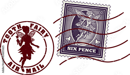 Tooth fairy letter postage stamp and airmail postmark. Air mail post mark featuring silhouette.