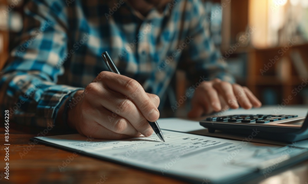 A man using a calculator to solve financial concepts in the style of Gorgeous schools of modern life. A man using a calculator to solve financial concepts in the style of Gorgeous schools of modern life.