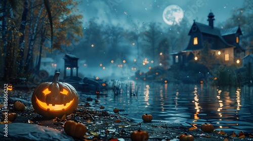 Halloween night with pumpkins and scary jack o lanterns on the background of an old village photo