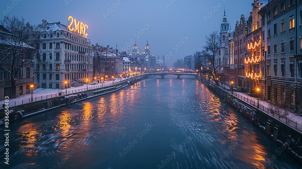 Fototapeta premium A tranquil city river at twilight with historic buildings and bridges illuminated by streetlights, creating a romantic and picturesque scene. Minimal and Simple,