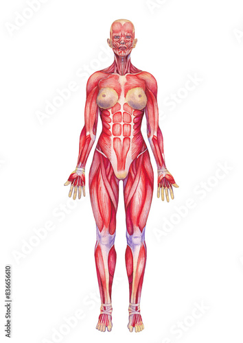 Watercolor anatomical illustration of a female human muscular system