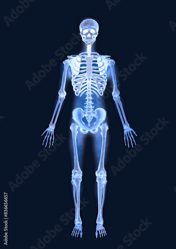 Realistic watercolor x-ray illustration of a human skeleton isolated on a dark background