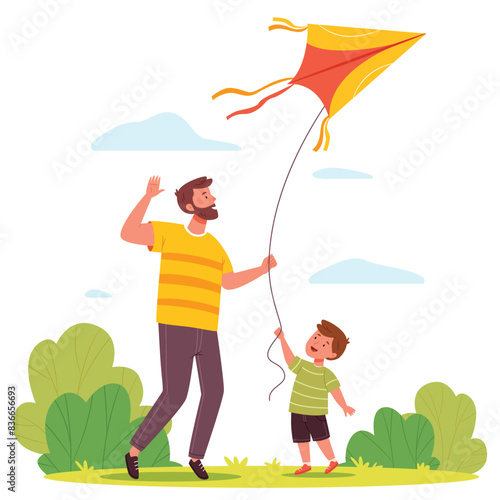 Father and son fly kite together.Family, man parent and boy child outdoor on summer holiday. Flat vector hand draw