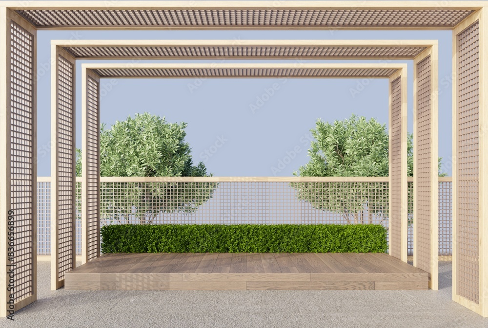 The trellis arch overlooks the empty wooden floor in the backyard with trees and shrubs behind.3d render The trellis arch overlooks the empty wooden floor in the backyard with trees and shrubs behind.3d render