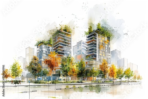 Artistic rendering of modern cityscape with high-rise buildings, lush trees, and a reflective water surface, evoking a sense of urban tranquility. photo