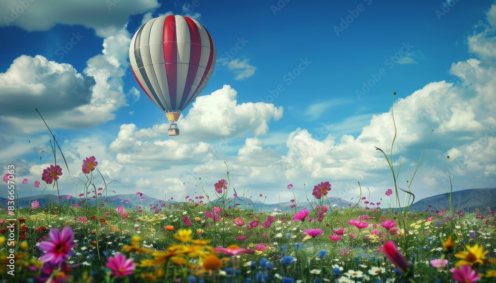 Fototapeta premium Up, Up, and Away: A Scenic Balloon Ride Through Blooming Gardens