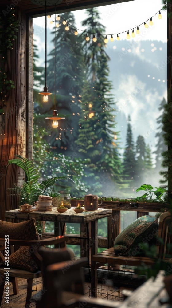 Fototapeta premium A table and chairs on a porch with a view of a forest