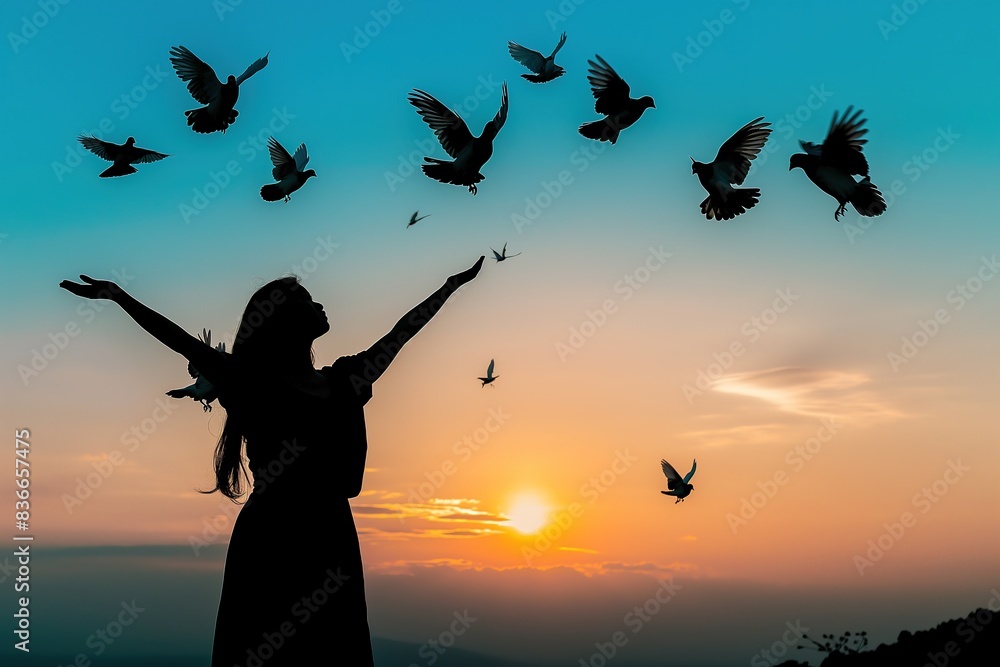 A woman releasing birds in the sky at sunset, depicting the concept of freedom, the silhouette of a woman with raised arms A woman releasing birds in the sky at sunset, depicting the concept of freedom, the silhouette of a woman with raised arms