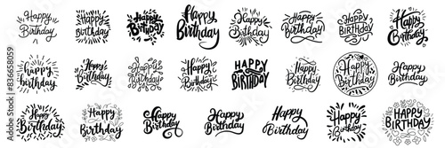 Collection of Happy Birthday text lettering. Hand drawn vector art.