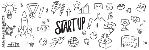 Collection of startup icons set in doodle style. Hand drawn vector art 