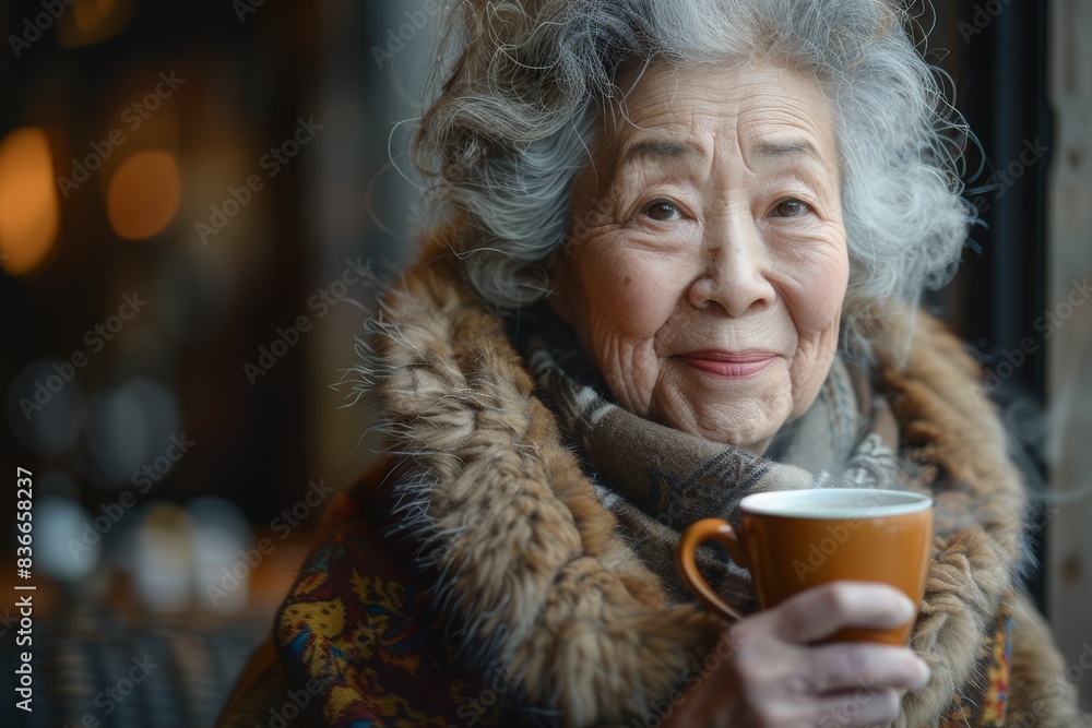 Elderly woman enjoying a warm drink in a cozy setting, wrapped in a fur coat. A portrait capturing warmth, contentment, and tranquility. Elderly woman enjoying a warm drink in a cozy setting, wrapped in a fur coat. A portrait capturing warmth, contentment, and tranquility.